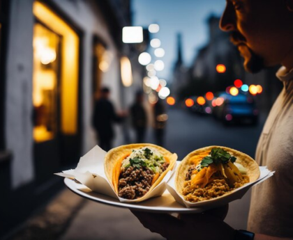 Waiter serving tacos outdoors at night