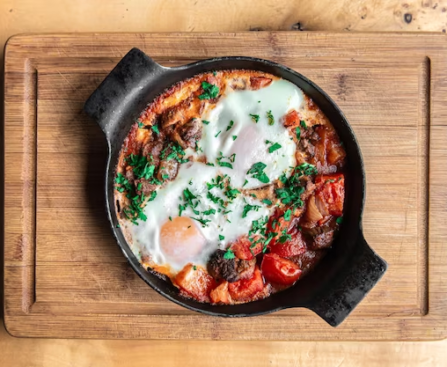 Huevos Rancheros on a wooden board